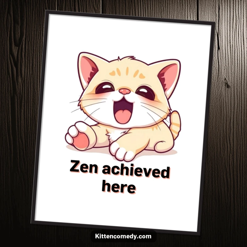 Funny Poster of a kawaii kitten stretching luxuriously with a big, happy yawn, perfect for promoting relaxation and serenity.