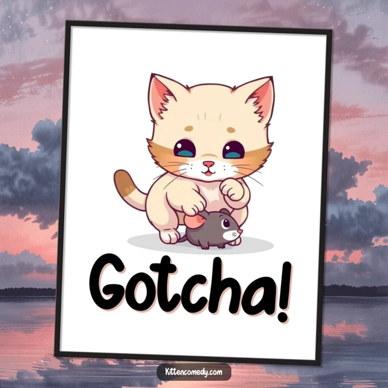 Funny kitten poster illustrating a cat's energetic surprise pounce on a toy mouse, capturing a moment of pure, hilarious feline action.