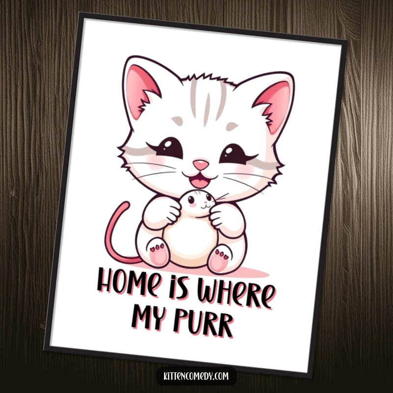Funny kawaii kitten poster showing a cute cat with a mouse toy and a happy meow, bringing joy and humor to any wall space, a funny gift.