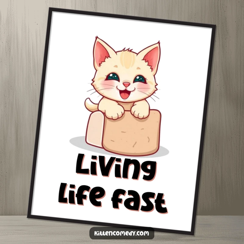 Funny kawaii kitten poster capturing the hilarious moment of a grinning cat sliding down a scratching post.