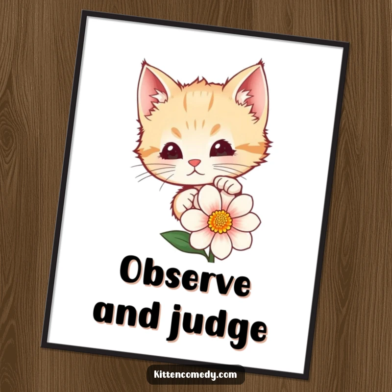 Funny kitten peeking mischievously from behind a vibrant flower, ready to charm any viewer. High-quality wall art print.