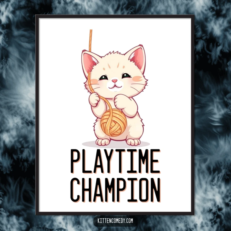 Funny kawaii kitten poster capturing the moment it playfully bats at a dangling ball of yarn.
