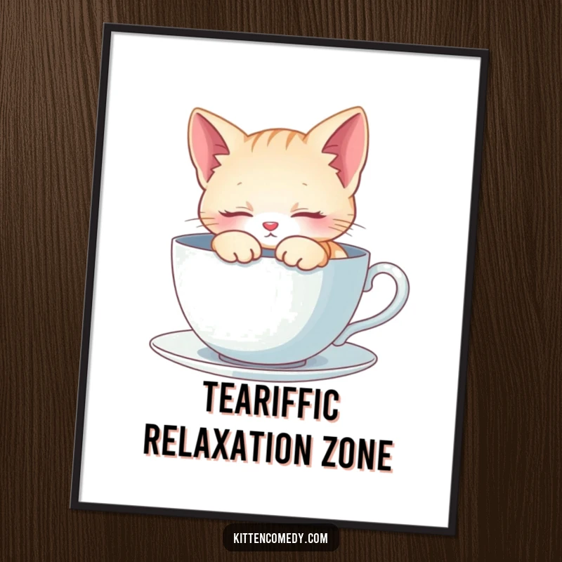 Funny Poster: A kitten peacefully naps inside a giant teacup. Serene, cute, and humorous art for relaxation.