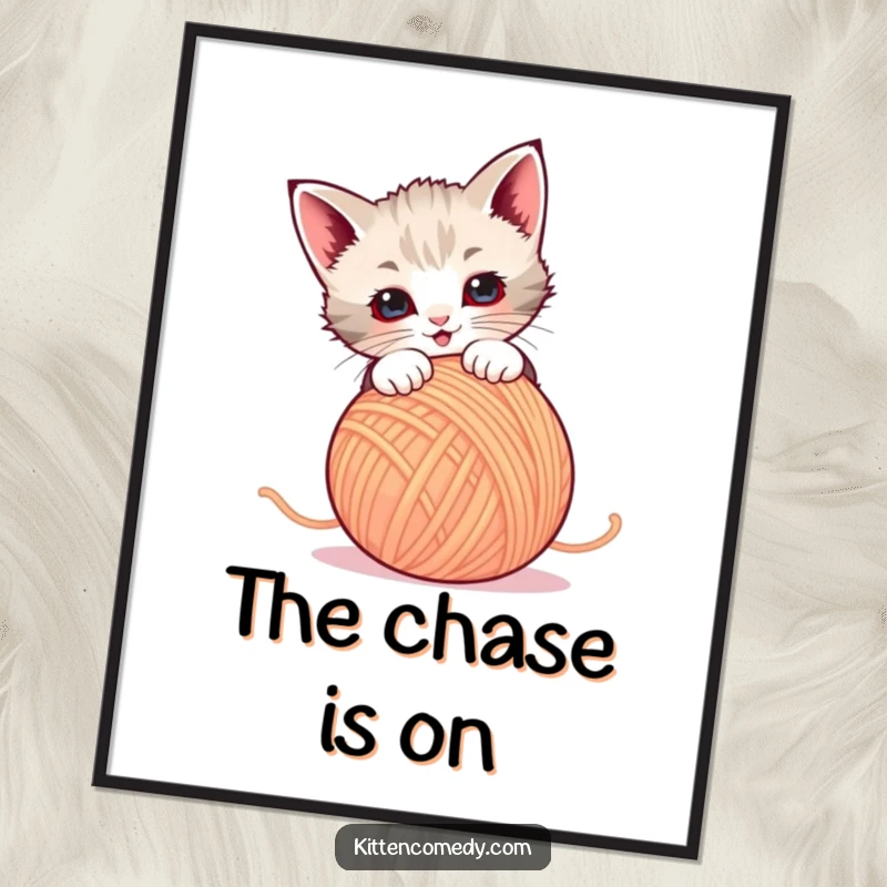 Funny Poster: A kitten gleefully attacks a dancing ball of yarn. Whimsical and humorous cat art for any room.