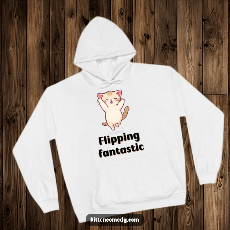 Funny kawaii kitten hoodie depicting a cat performing a silly acrobatic flip with joyful abandon.