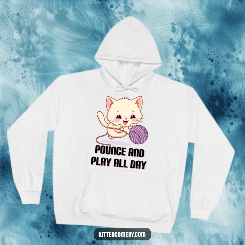 Funny Hoodie showcasing a cute kawaii kitten energetically chasing a bouncy yarn ball, designed for ultimate comfort and amusement.