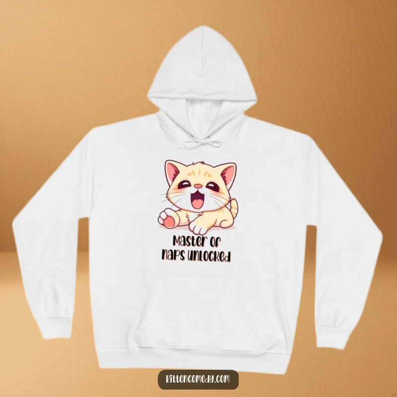 Funny Hoodie featuring a deeply relaxed kawaii kitten stretching out with a massive, happy yawn, exuding peace and comfort.
