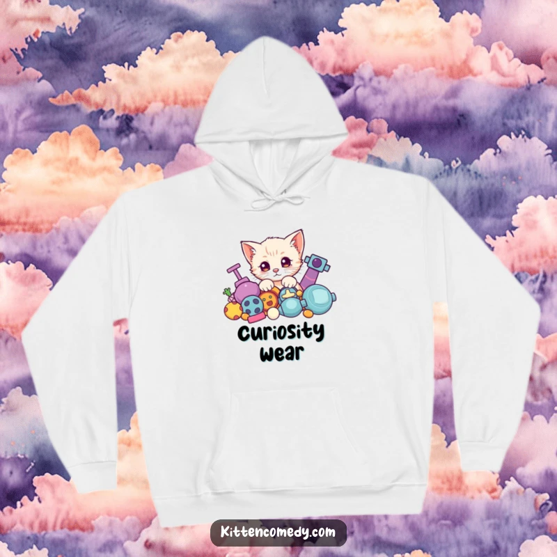 Funny Kawaii Kitten Hoodie: A soft hoodie featuring a cute kitten peeking from behind a pile of toys.