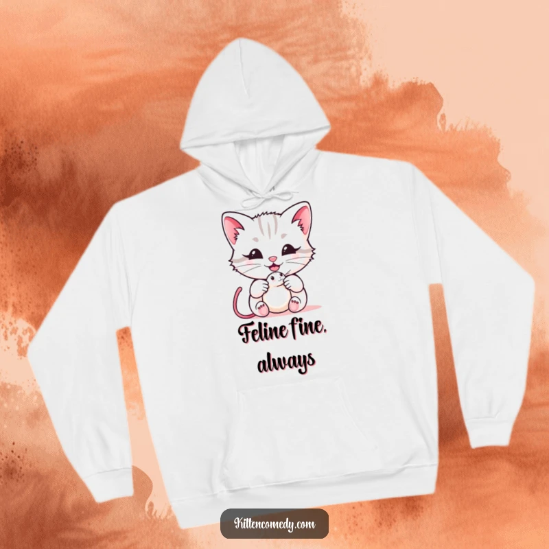 Funny kawaii kitten hoodie showing a cat with a mouse toy and a happy meow, perfect for cozying up and sharing laughs, a great funny gift.