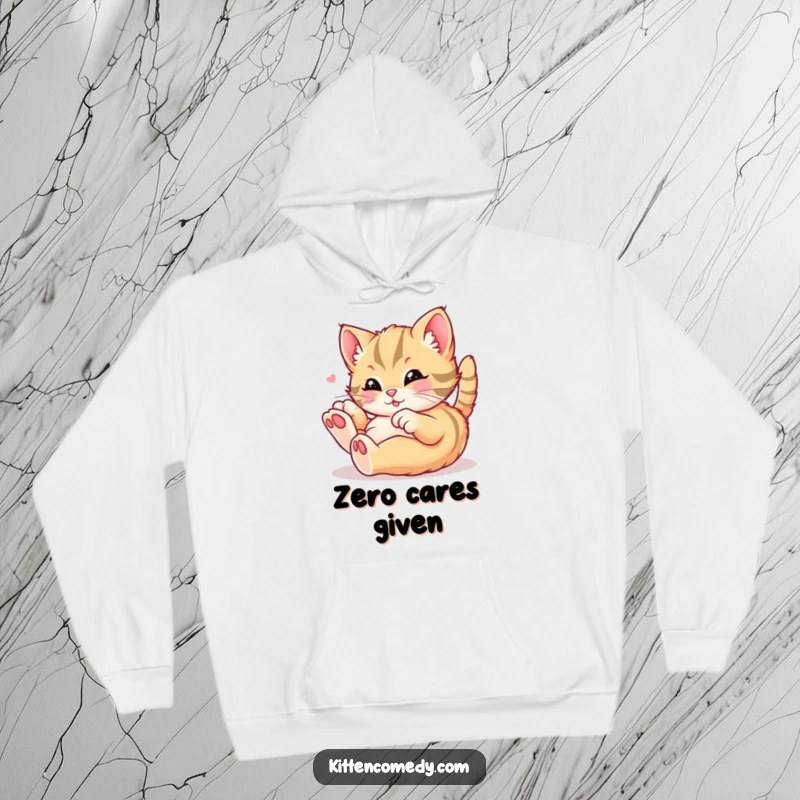 Funny kawaii kitten hoodie showing a cat rolling around in playful delight, offering warmth and humor, a perfect funny gift for friends.