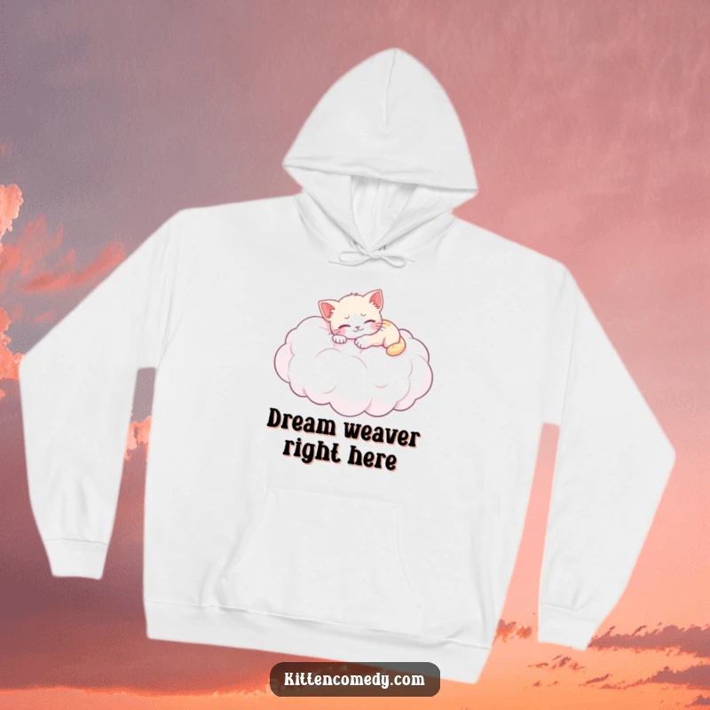 Funny hoodie: A kitten naps soundly on a fluffy cloud, perfect for wrapping up in cozy, humorous comfort.