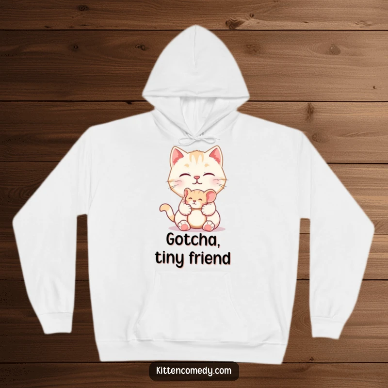 Funny hoodie featuring a kitten character with a sweet meow, offering a small toy mouse. Cozy and humorous cat design.