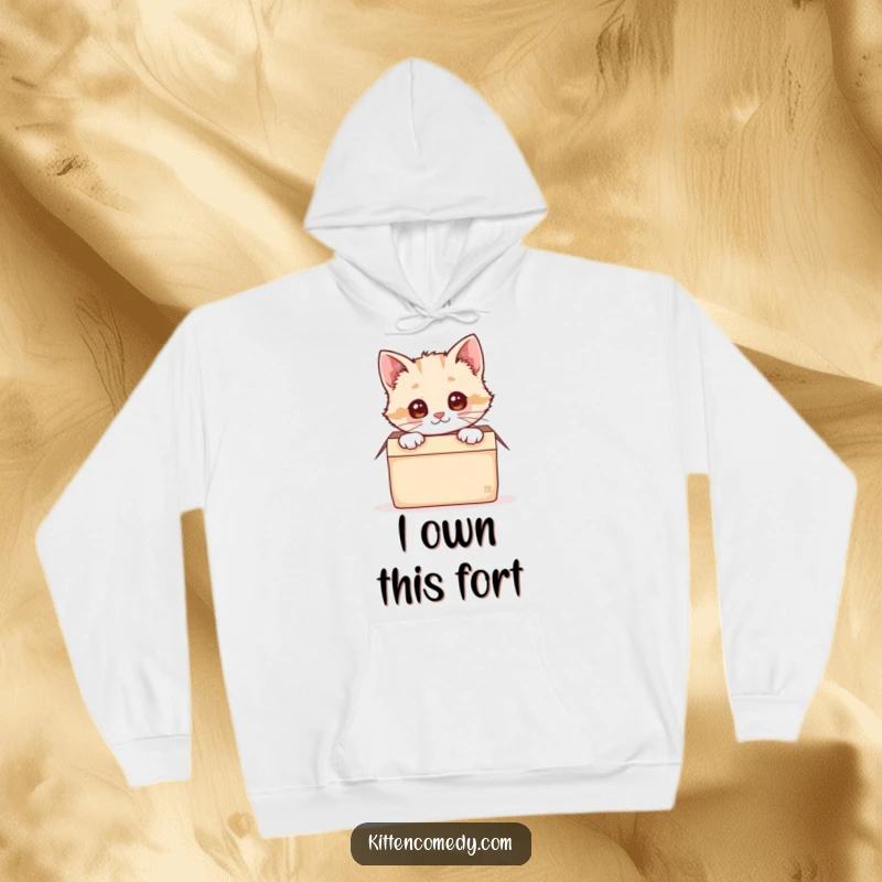 Funny kawaii kitten peeking invitingly from a soft, cozy box, featured on this warm and humorous hoodie.