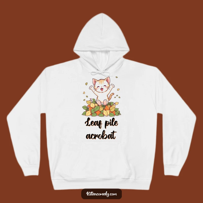 Cozy Funny Kitten Leaf Leap Hoodie: Warm Autumn Cat Comfort Gift