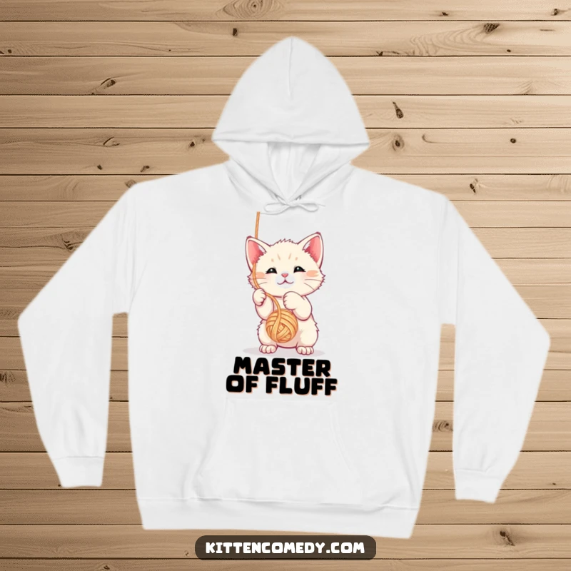Funny kawaii kitten hoodie playfully tangled in yarn, offering warmth and a dose of feline fun.