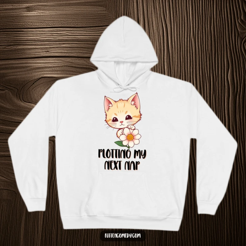 Funny kitten peeking from behind a large flower on a comfortable hoodie. Cozy and cute apparel for cat admirers.