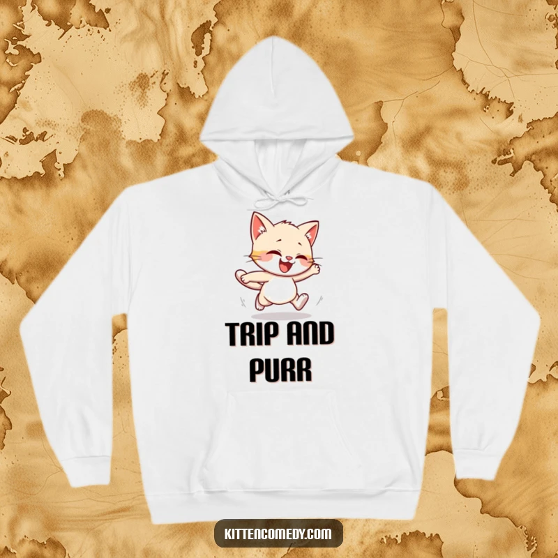 Funny hoodie featuring a kitten character in a comical stumble while running. Cozy and humorous cat design.