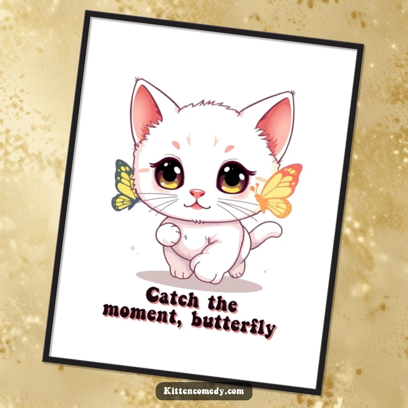 Funny Free Printable Wall Art: Kawaii kitten with wide, captivated eyes chases a beautiful glowing butterfly, full of wonder.