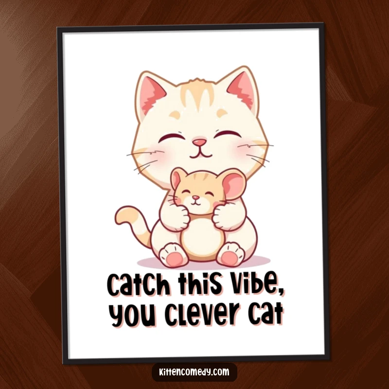 Funny Free Printable Wall Art of a kitten offering a tiny toy mouse with a soft 'meow', capturing playful innocence.