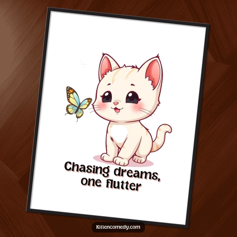 Funny Free Printable Wall Art: A kawaii kitten with wide eyes, mid-chase after a shimmering butterfly, adding humor to your decor.