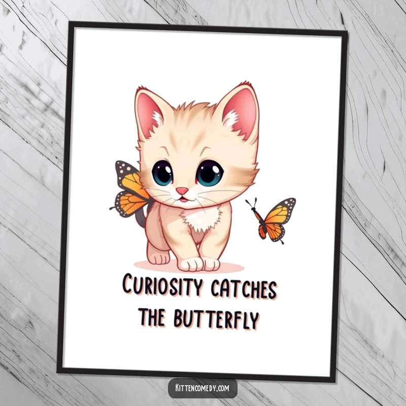 Funny Free Printable Wall Art of a curious kitten with wide eyes chasing a butterfly, adding a touch of playful wonder and humor to your decor.