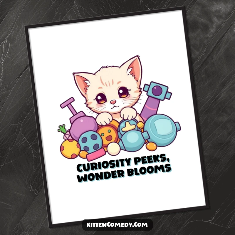 Funny Free Printable Wall Art: A Kawaii kitten peeking curiously from behind a vibrant pile of toys, inviting a playful glance.
