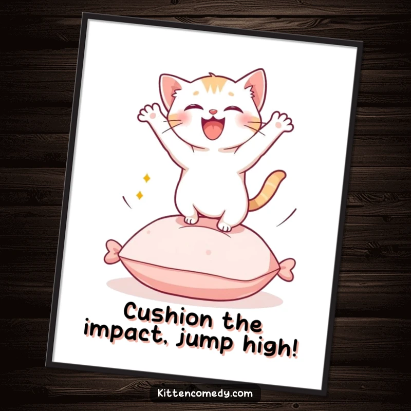 Funny Free Printable Wall Art: A Kawaii kitten captured mid-air, leaping from a cushion with sheer, infectious joy and bright eyes.