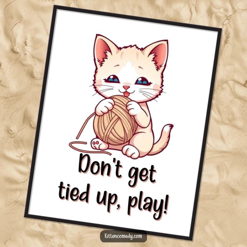 Funny Free Printable Wall Art showcasing a playful kitten batting at a ball of yarn, adding a touch of whimsical cat-themed decor.