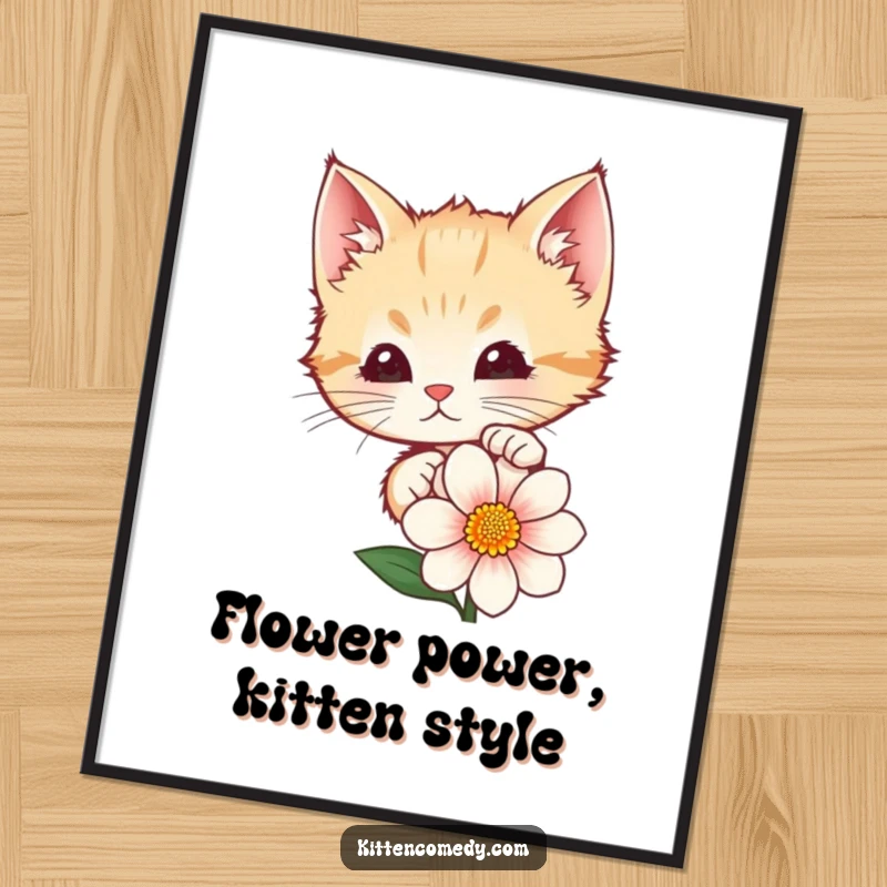 Funny Free Printable Wall Art: Mischievous kitten peeking curiously from a vibrant flower, delightful and quirky decor.