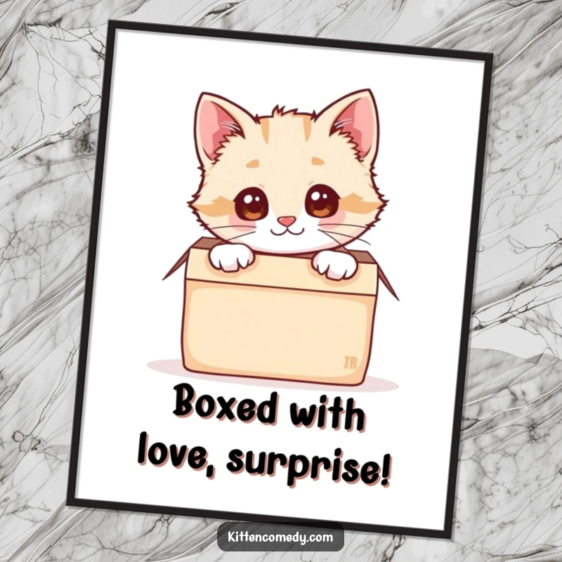 Funny Free Printable Wall Art: A curious kawaii kitten peeking out from a snug box, bringing a smile and playful charm to your space.