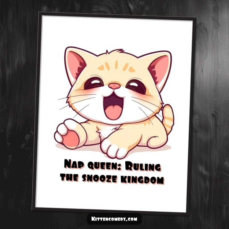 Funny Free Printable wall art of a kawaii kitten stretching lazily, eyes closed, letting out a huge, contented yawn.
