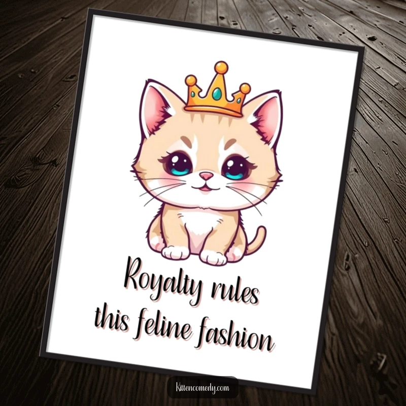 Funny Free Printable Wall Art: Regal kawaii kitten with a tiny crown, looking pleased and elegantly decorative.