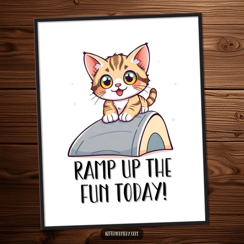 Funny Free Printable Wall Art: A kitten with wide eyes slides down a ramp, capturing a moment of pure excitement.