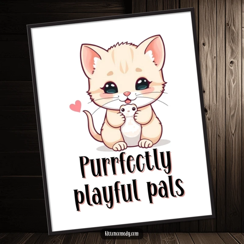 Funny Free Printable Wall Art: A lovable kitten presents a small toy mouse, creating a sweet and humorous downloadable art piece.