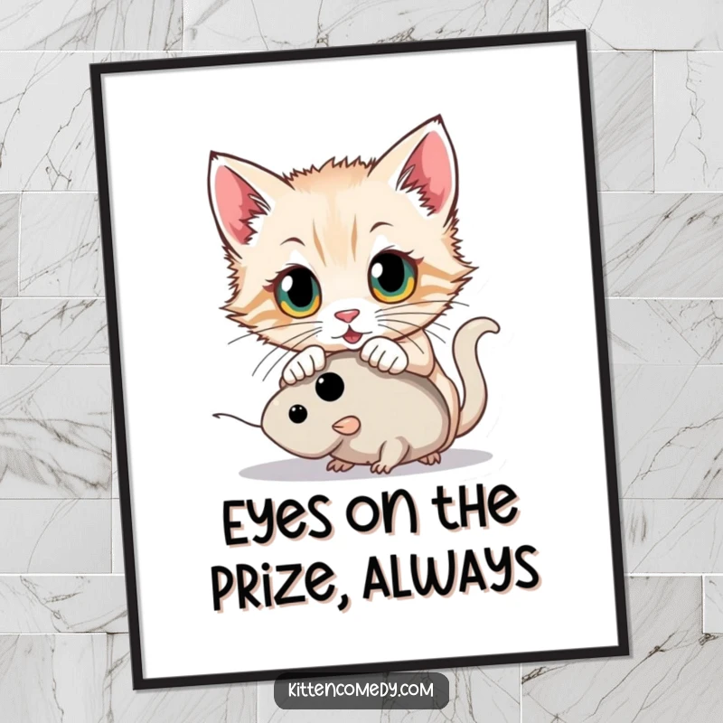 Funny Free Printable Wall Art capturing a kitten with wide eyes mid-pounce on a toy mouse, adding a humorous, action-packed feel.