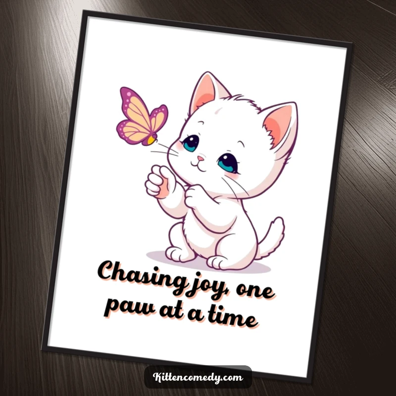 Funny Free Printable wall art of a kawaii kitten curiously batting with soft paw swipes at a floating butterfly.