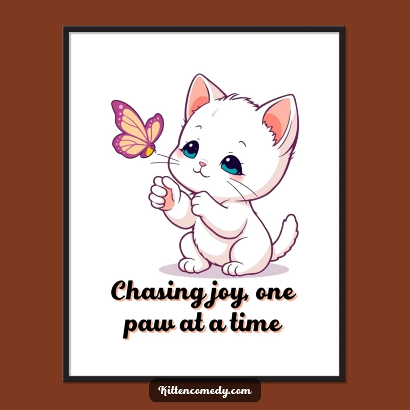 Funny Free Printable Wall Art: Curious Kitten Butterfly Chase, Humorous Downloadable Decor