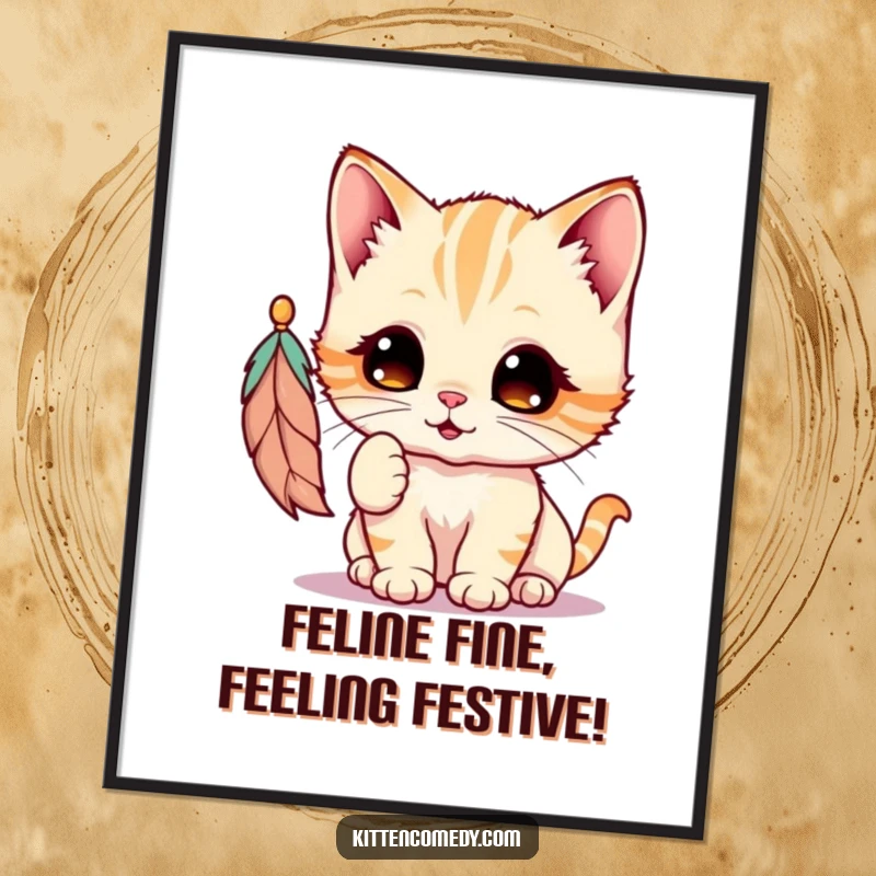 Funny Free Printable wall art of a kawaii kitten with wide, eager eyes playfully batting at a dangling feather toy.