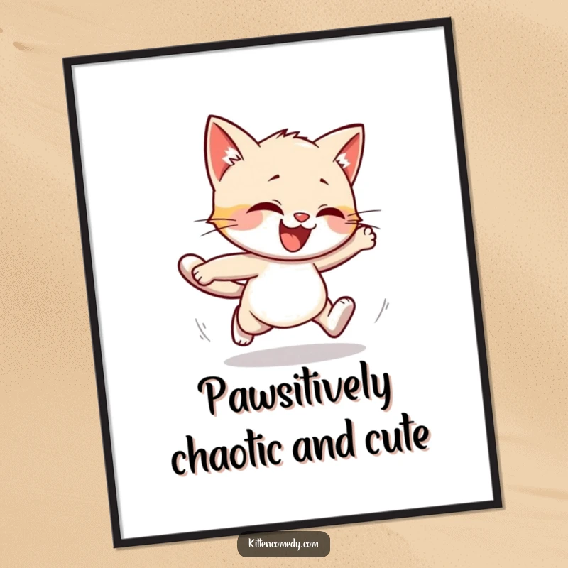 Funny Free Printable Wall Art of a kitten hilariously stumbling while running, creating a dynamic and humorous visual.