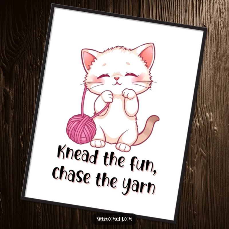 Funny Free Printable Wall Art of a cute kitten playfully batting a dangling yarn ball, adding a touch of whimsical fun and humor to your decor.
