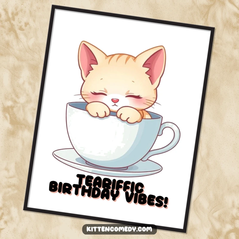Funny Free Printable Wall Art: A tiny kitten peacefully napping inside an oversized teacup, exuding ultimate coziness and charm.