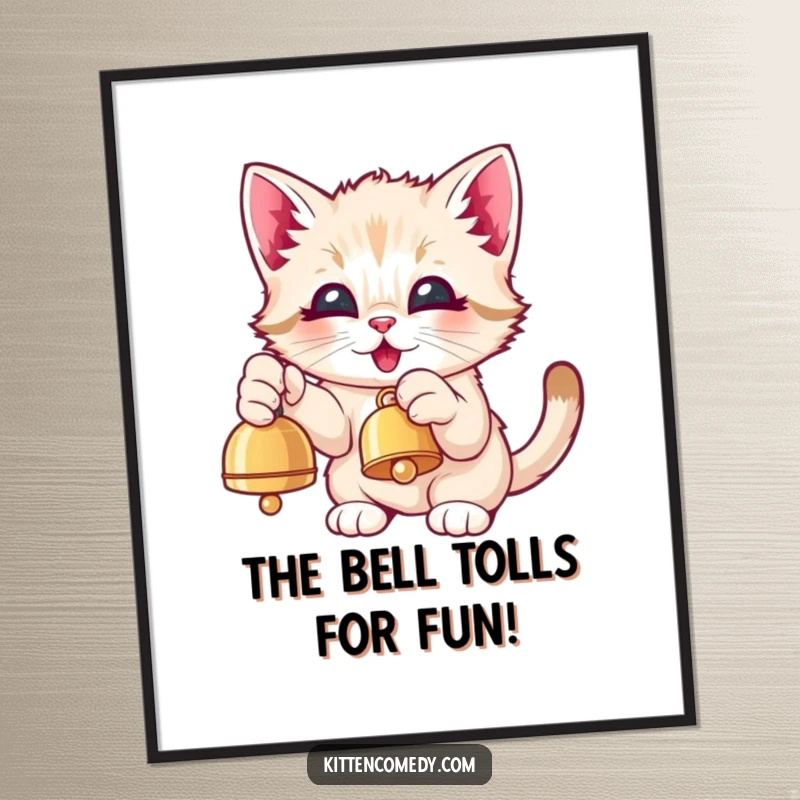 Funny Free Printable Wall Art: A focused Kawaii kitten eagerly pawing at a dangling bell, its expression one of absolute bliss.
