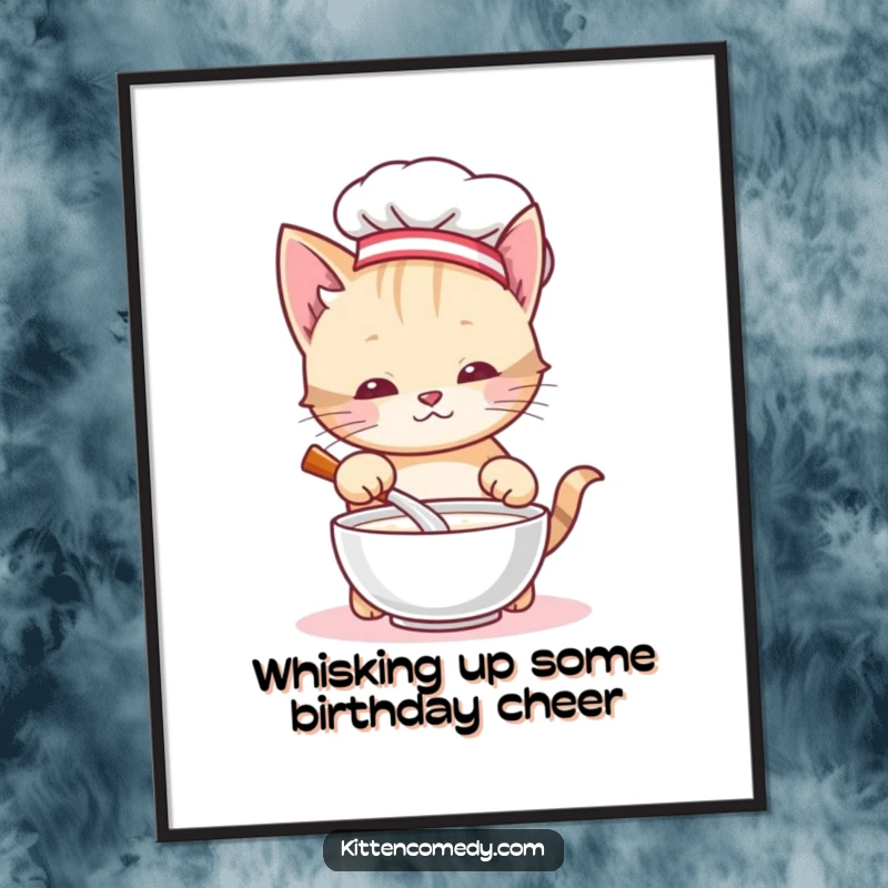 Funny Free Printable Wall Art: A cute kitten wearing a chef hat, happily stirring a bowl of milk.