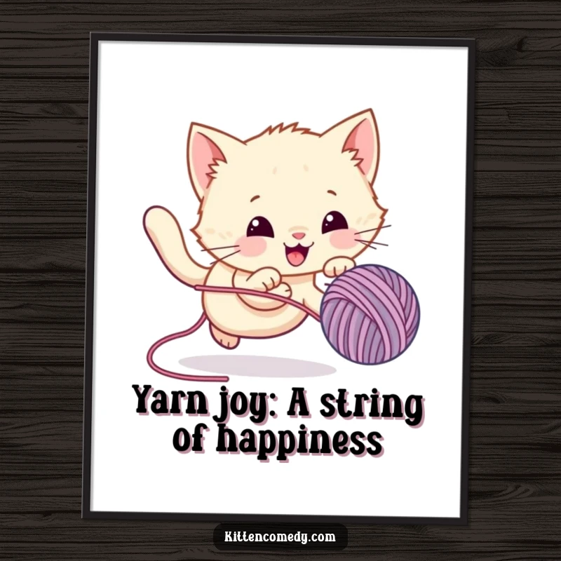 Funny Free Printable wall art featuring a kawaii kitten intensely focused on joyfully chasing a bouncing yarn ball, pure playful action.