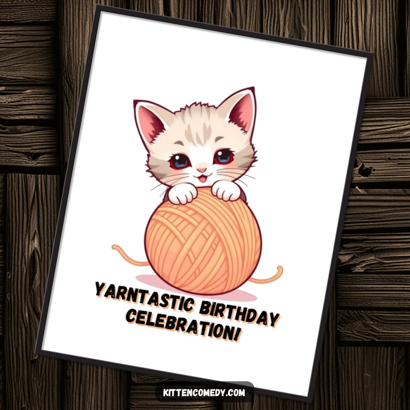 Funny Free Printable Wall Art: A spirited kitten captured mid-pounce on a dancing ball of colorful yarn, full of playful mischief.