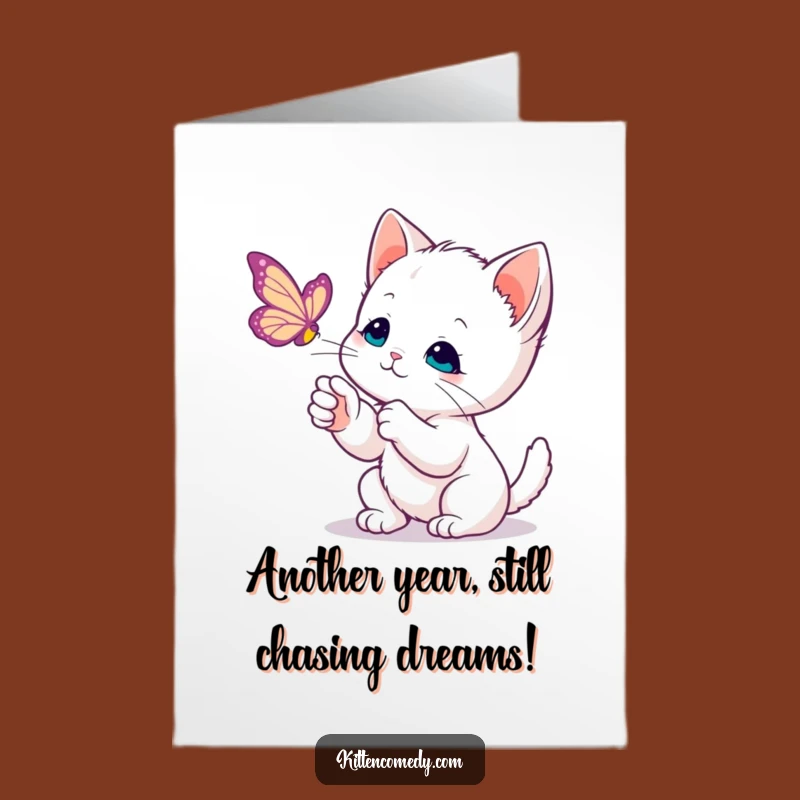 Free Printable Birthday Card: Curious Kitten Butterfly Chase, Humorous Downloadable Gift