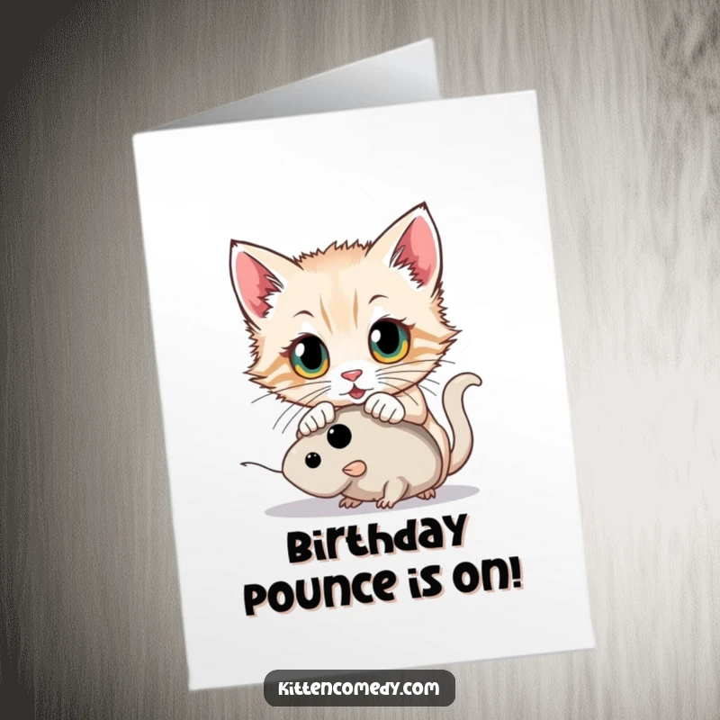 Funny Free Printable Birthday Card featuring a wide-eyed kitten leaping to pounce on a toy mouse, capturing playful energy.