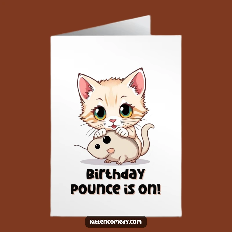 Free Printable Birthday Card: Pouncing Kitten, Toy Mouse Chase, Hilarious Downloadable Gift