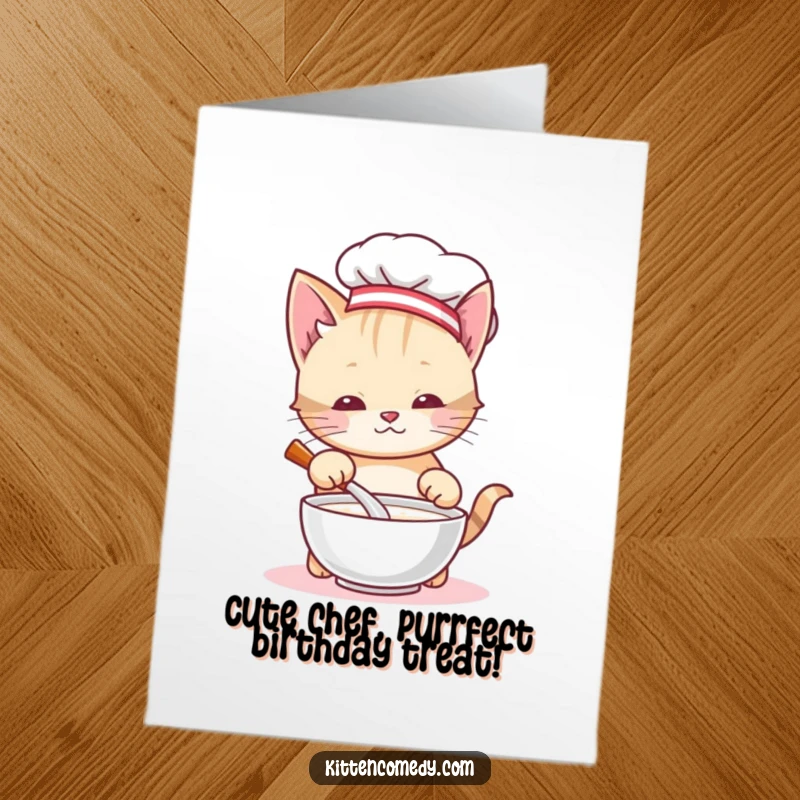 Funny Free Printable Birthday Card: Chef Kitten stirring milk with a chef hat, ready to bake a birthday treat.