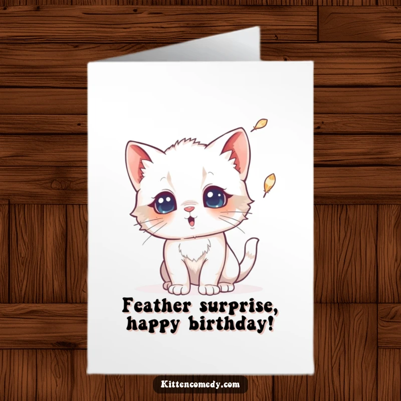 Funny Free Printable Birthday Card: A kitten looks surprised as a feather gently falls towards it.